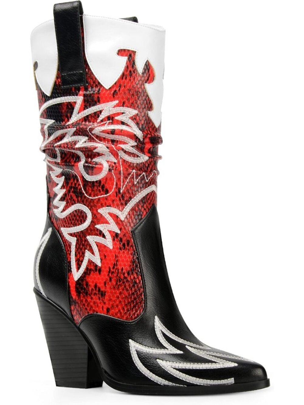Women's Black And Red Western Knee High Mid Calf Pointed Toe Cowgirl Boots